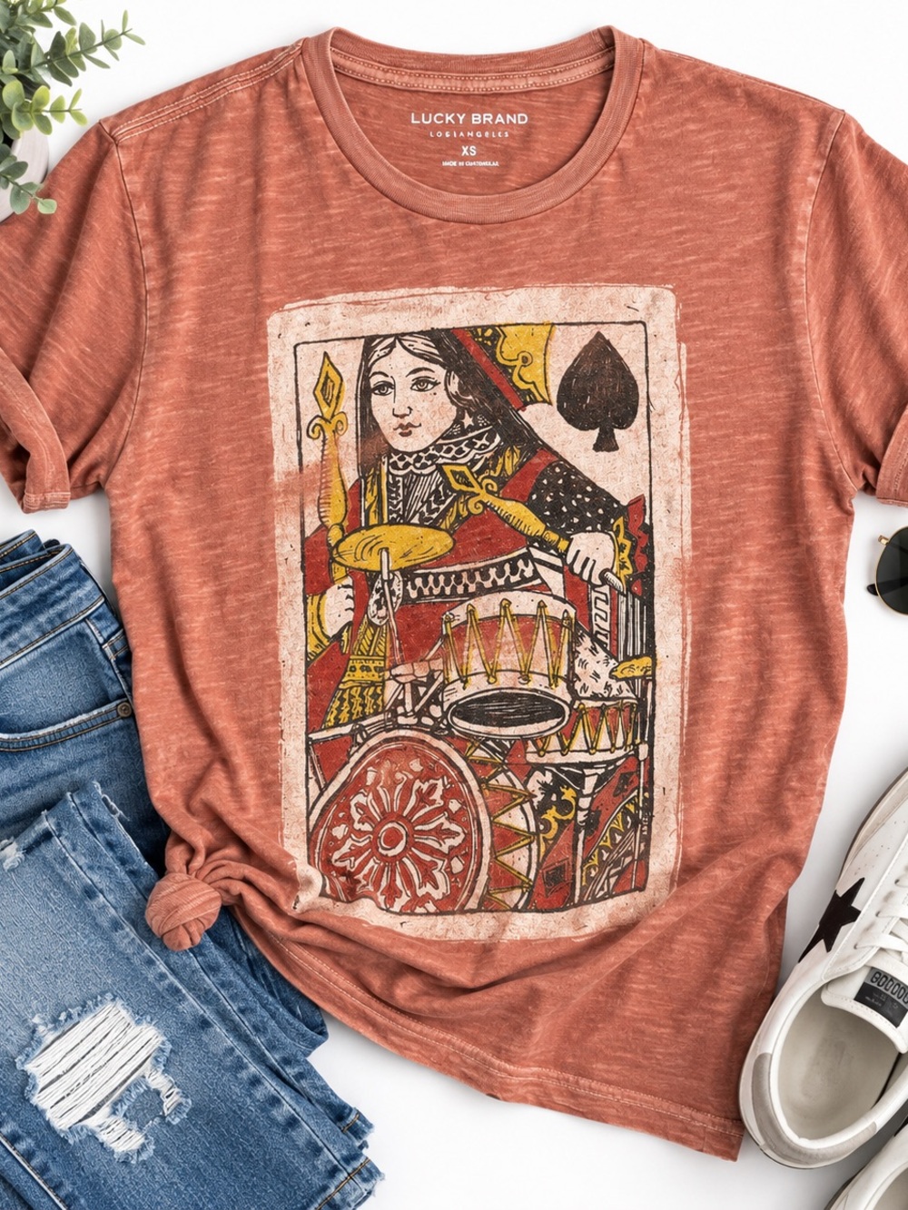 Lucky Brand Women's Burnt Orange Queen Playing Card Tee